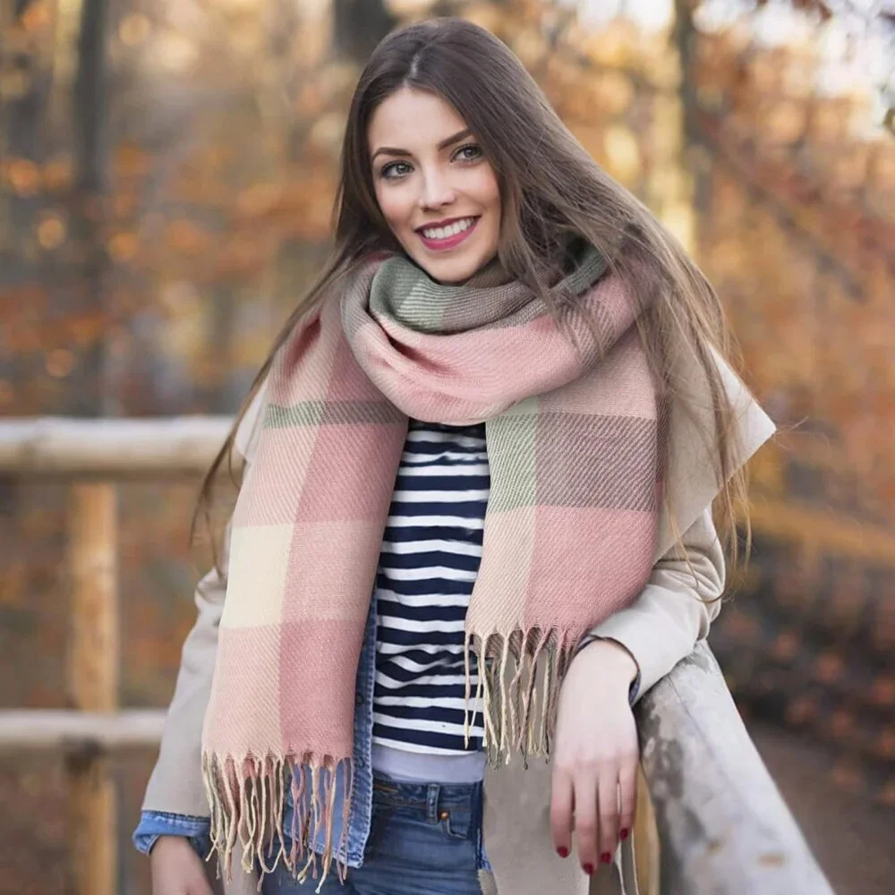 Women's Beige Grey Lattice Scarf Fashion Long Plaid Shawls Wraps Big Grid Winter